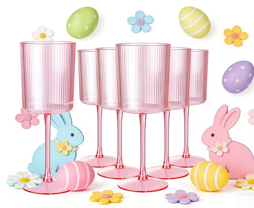 Ciaell 12 PCS Pink Plastic Ribbed Wine Glasses - 10 OZ Plastic Square Wine Glasses with Stem - Disposable Champagne Cups for Parties & Weddings & Easter
