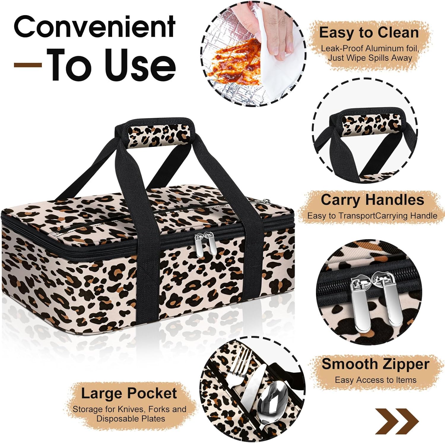 Skiennix Insulated Casserole Carrier - Portable Hot/Cold Food Tote for Potlucks | Fits 9" x 13" Dish - Leopard