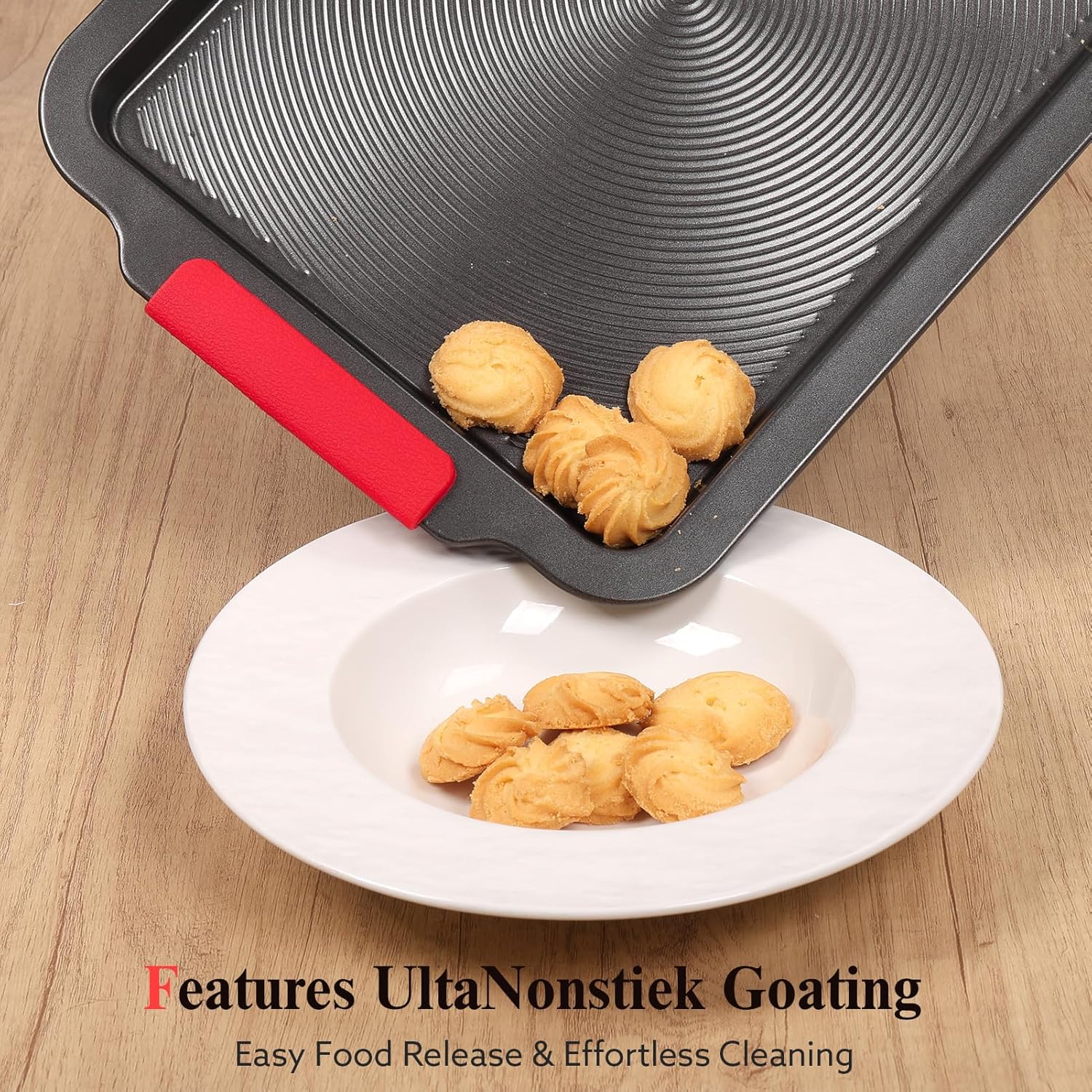 Skiennix Nonstick Baking Sheet - 16x11in Cookie Sheet with Circle Grooves & Red Grips | PFAS/PTFE Free, Gray