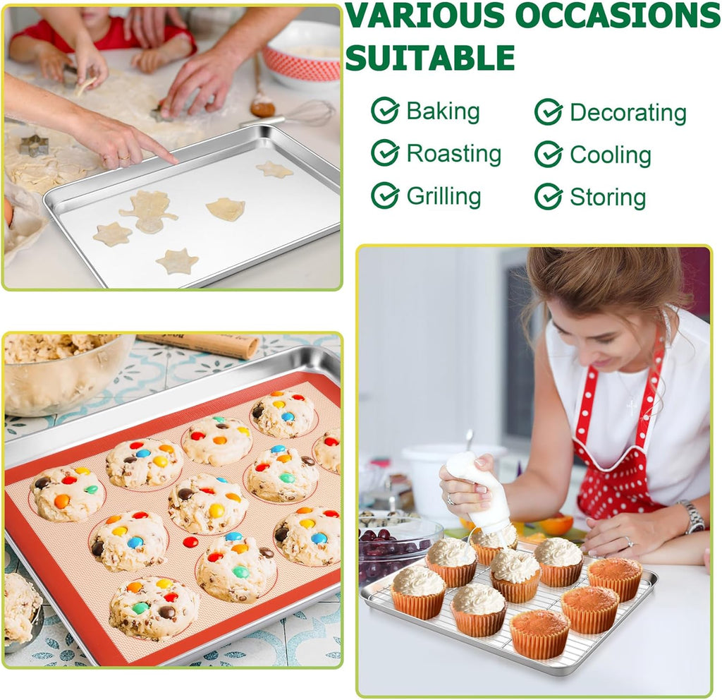TeamFar Stainless Steel Baking Sheet Set - 9-Piece with Racks & Silicone Mats for Easy Oven Baking