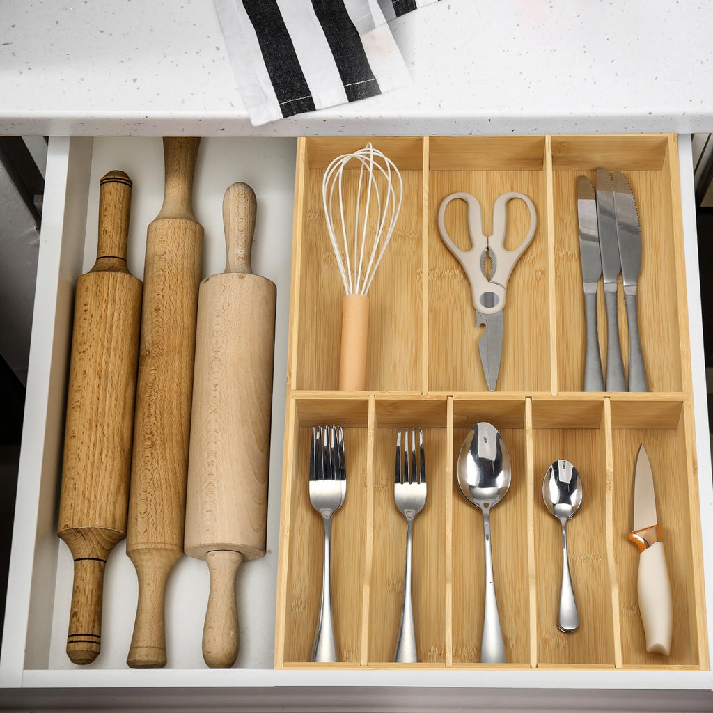 Fabsome Silverware Organizer for Kitchen Drawers, 2.5'' Deep 12.8'' Wide Bamboo Wood Flatware Tray with Deep Slots for Large Cutlery Utensil Drawer