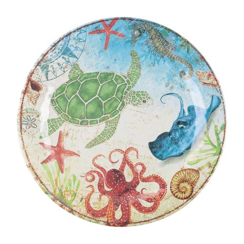 UP UPware Sea Life Turtle Melamine Dinner Plate Set, Round Plates for Main course, Pasta, and Salad, BPA-Free, Dishwasher Safe, Multicolor, 11 Inch, Set of 6