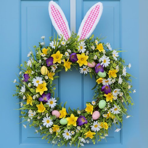 10 Inch Easter Bunny Ears Set with Wire Ties Plush Wreath Decoration Bunny Ears Decoration Accessories Bendable for Easter Wreath Accessories (White，Plaid)