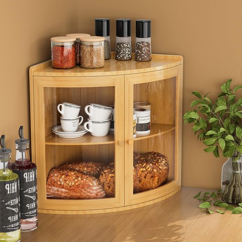Trironsun Bamboo Corner Bread Box for Kitchen Counter with Acrylic Transparent Door Large Capacity Bread Holder Double Layer Bread Storage Container for Homemade Bread (Natural Bamboo)