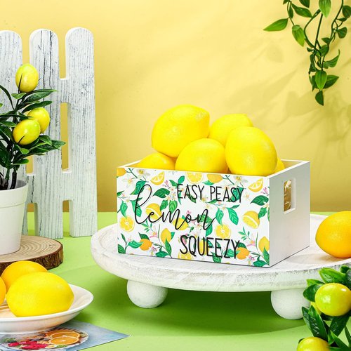 Marsui Lemon Decor Set - Mini Wooden Crate with 8 Fake Lemons for Rustic Summer Home Decor