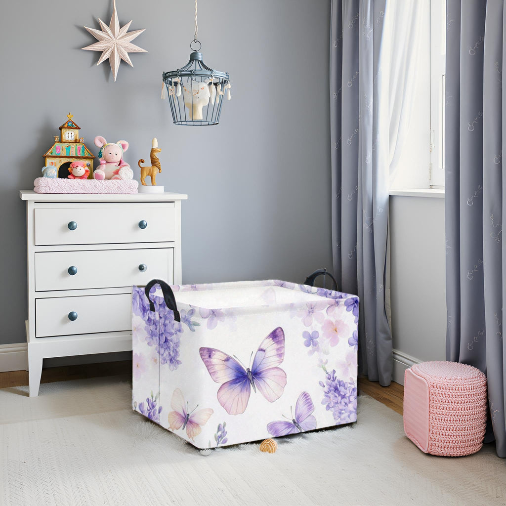 TIBAOLOVER Rectangular Kids Storage Basket Baby Storage Basket with Handles for Home Kitchen Boys and Girls Cute Toy Storage Bin Organizer Shelf Book Room Decor(Purple Butterfly)
