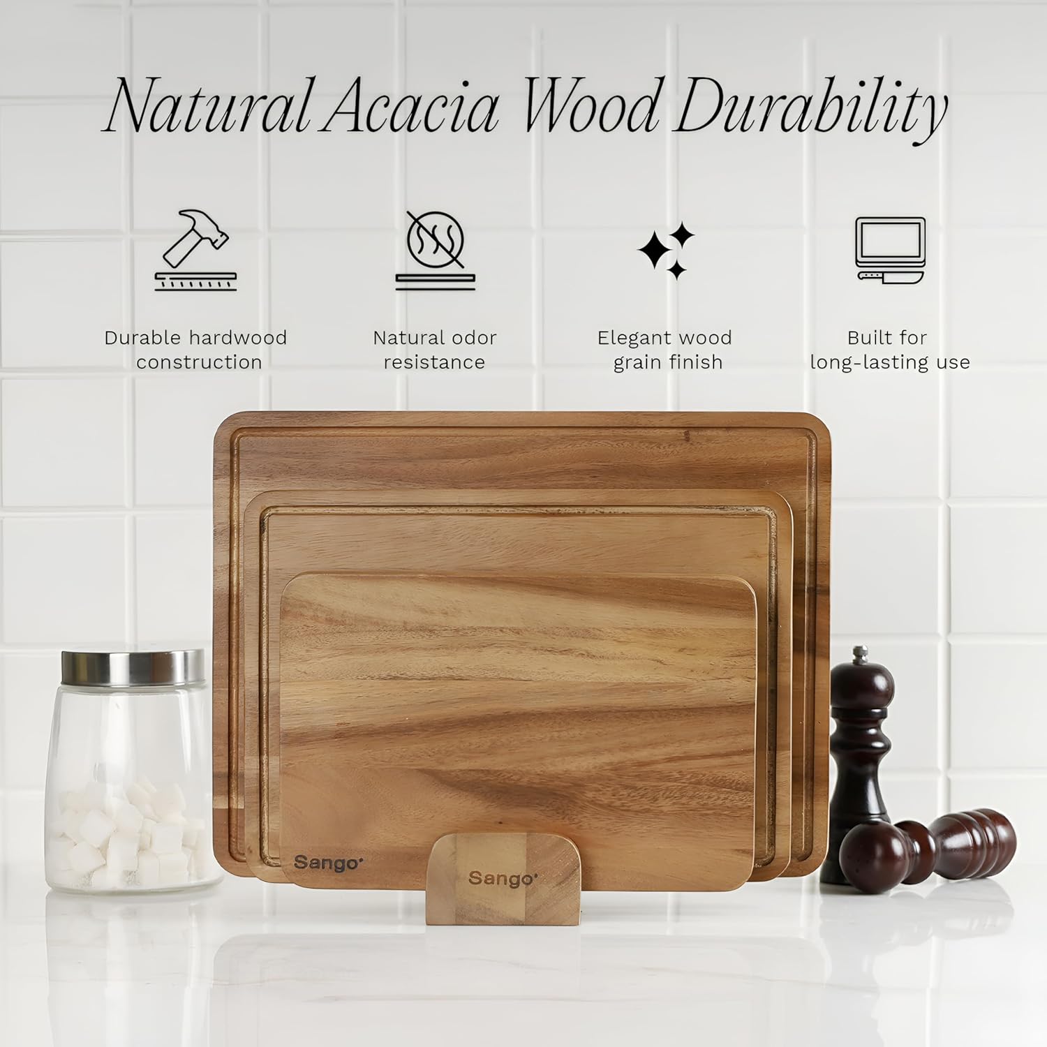 Sango Acacia Cutting Board Set - 3-Piece Wood Chopping Boards with Juice Grooves & Stand | Non-Toxic, Stackable & Reversible