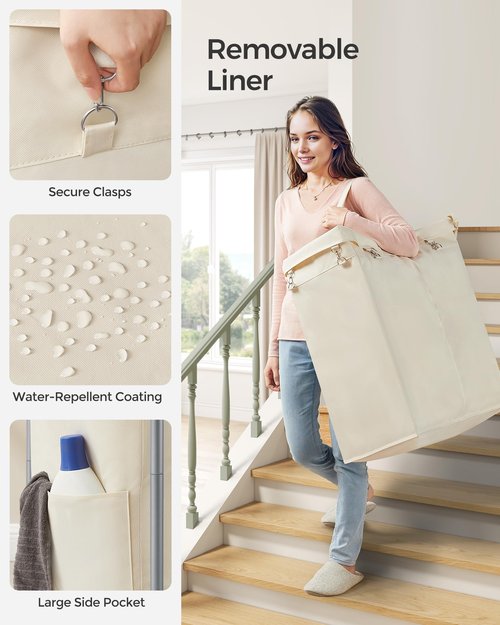 SONGMICS Laundry Basket with Wheels, 2-Section Rolling Laundry Hamper, 37 Gallons (140 L), Removable Liner, Steel Frame with Handle, 27.2 x 15.4 x 31.9 Inches, Cream White URLS004W01