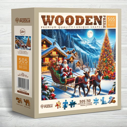 WOODEN.CITY 500-Piece Wooden Puzzle – Santa's Sleigh with 50 Christmas-Themed Shaped Pieces, 15.5 x 10.5 in – Designed and Made in the EU