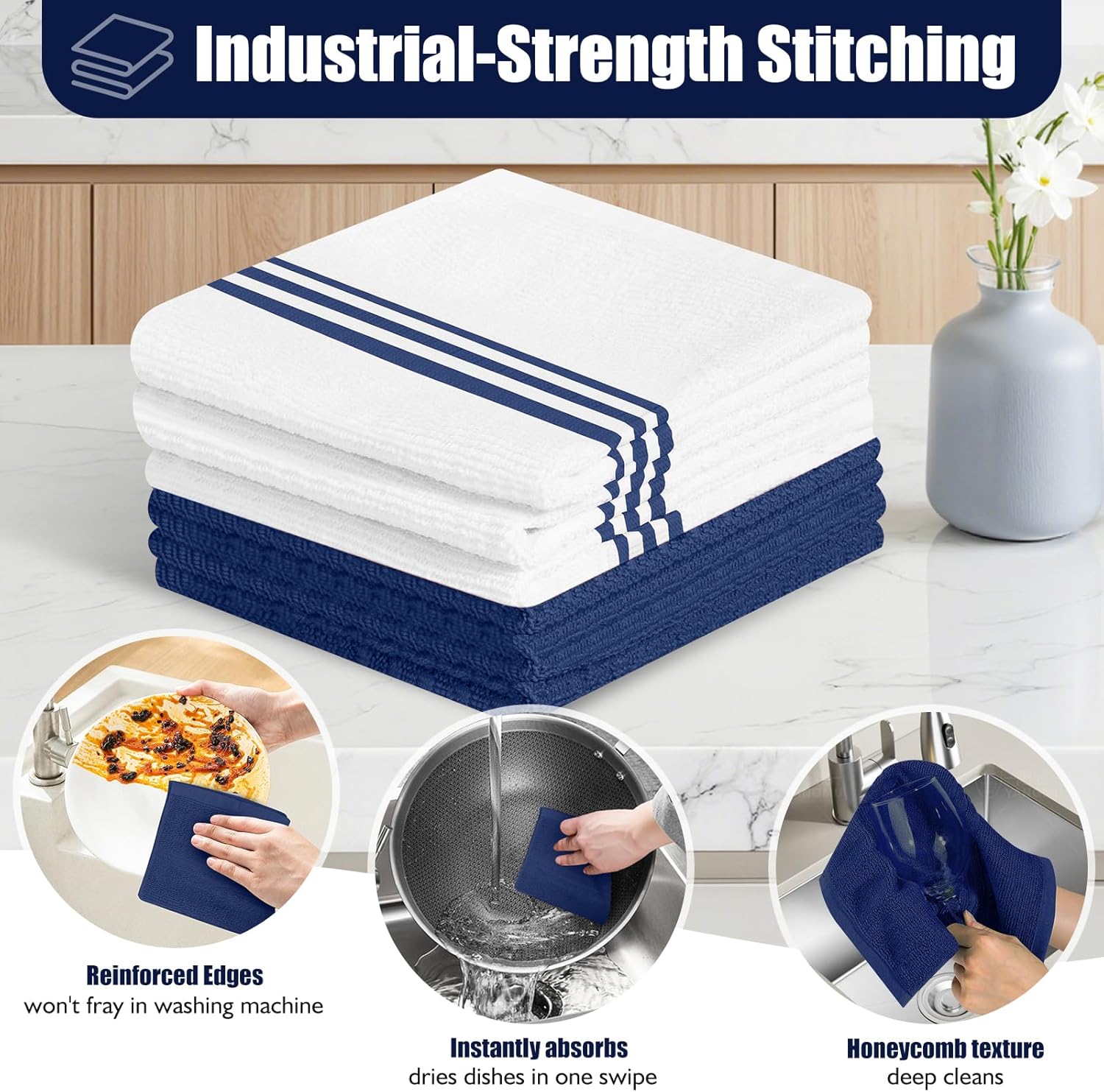 Skiennix Oven Mitts and Pot Holder Set - 500°F Heat Resistant Silicone Grip | 6 Pack Dish Towels - Marine Blue Kitchen Essentials
