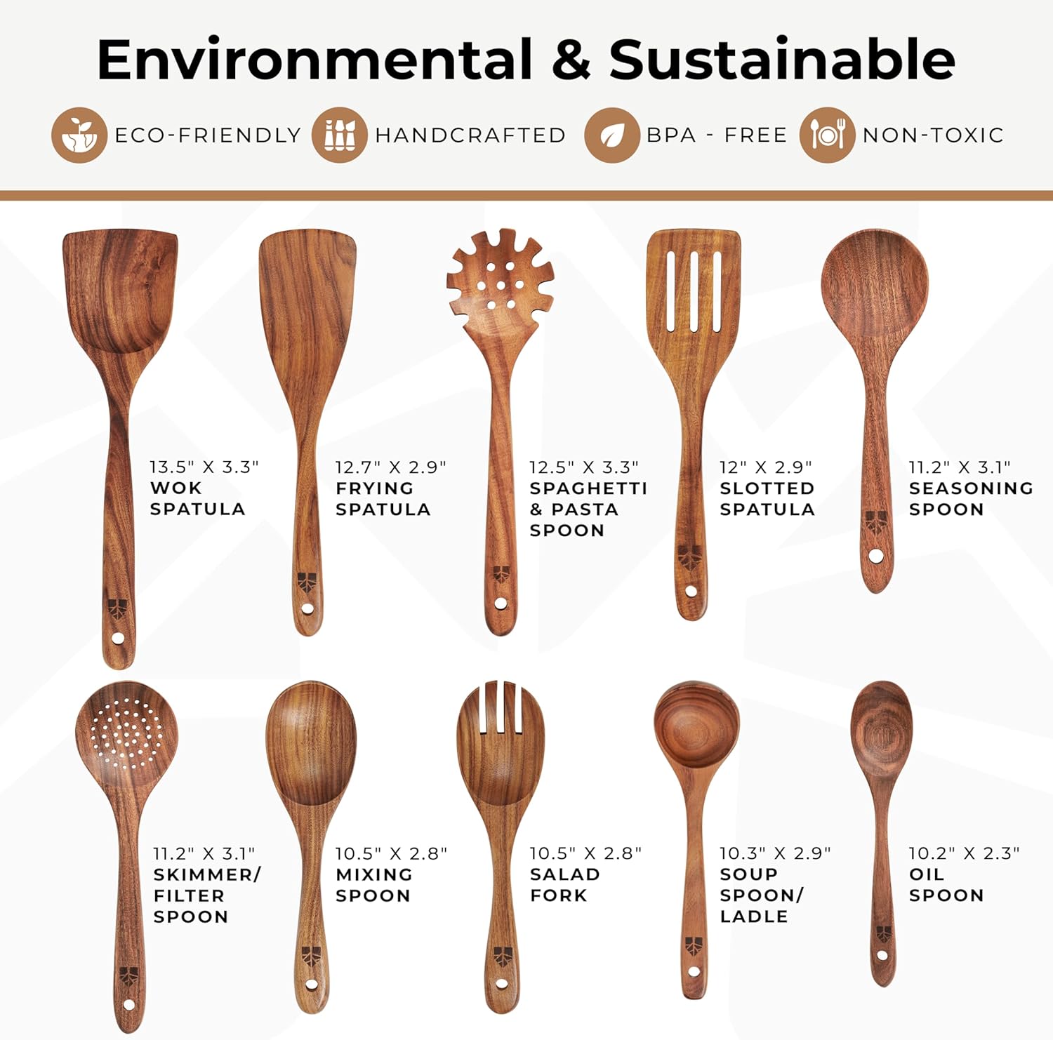 Teak Wood Cooking Spoons Set - 10 Durable Nonstick Utensils with Ergonomic Handles