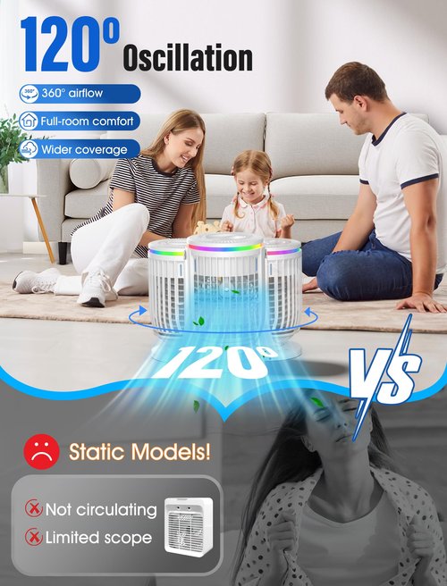 JYew Portable Air Conditioners Evaporative Mini Room Air Conditioners,Portable AC Unit Air Cooler with 4 in 1 Humidifier Fan Conditioner, AC Portable for Room with 120° Rotating Function03