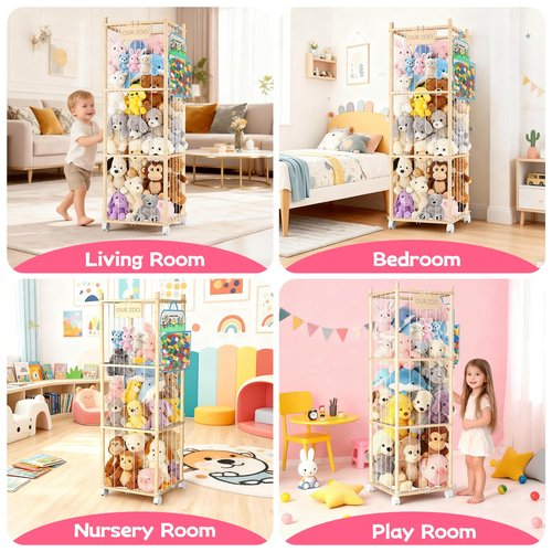 DUOQNY Stuffed Animal Storage, 54-Inch Wooden Large Toy Storage Organizer with Bag & A Cloth Underneath - Holds Plush Toys, Small Objects for Kids Bedroom, Nursery, Playroom - Gift for Children