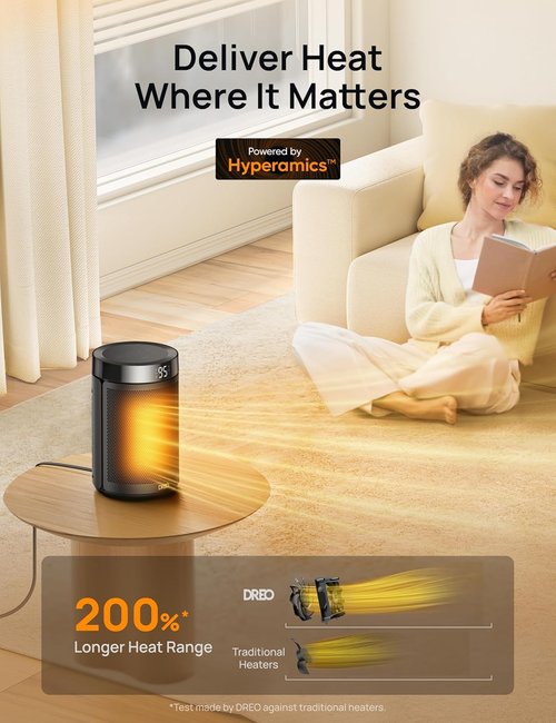 DREO Portable Electric Space Heater - 1500W Fast Heating with Thermostat & Timer | Black