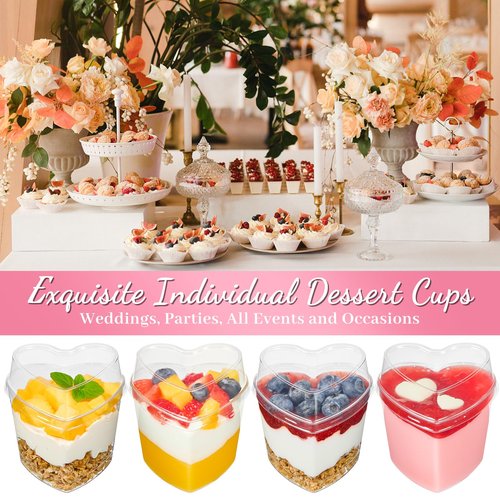 TOFLEN 100 Pack Heart Shaped Dessert Cups with Lids and Spoons, 5 oz Mini Plastic Shooter Cups for Parfait, Pudding, Fruit, Cheesecake, Mousse, Jello, Yogurt, Appetizer