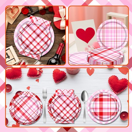 OGMOGKW Valentines Plates and Napkins,60pcs Valentine Paper Plates and Napkins Red Pink Gingham Plates and Napkins Disposable Valentines Day Plates Sets for Valentines Day,Wedding, Anniversary Party