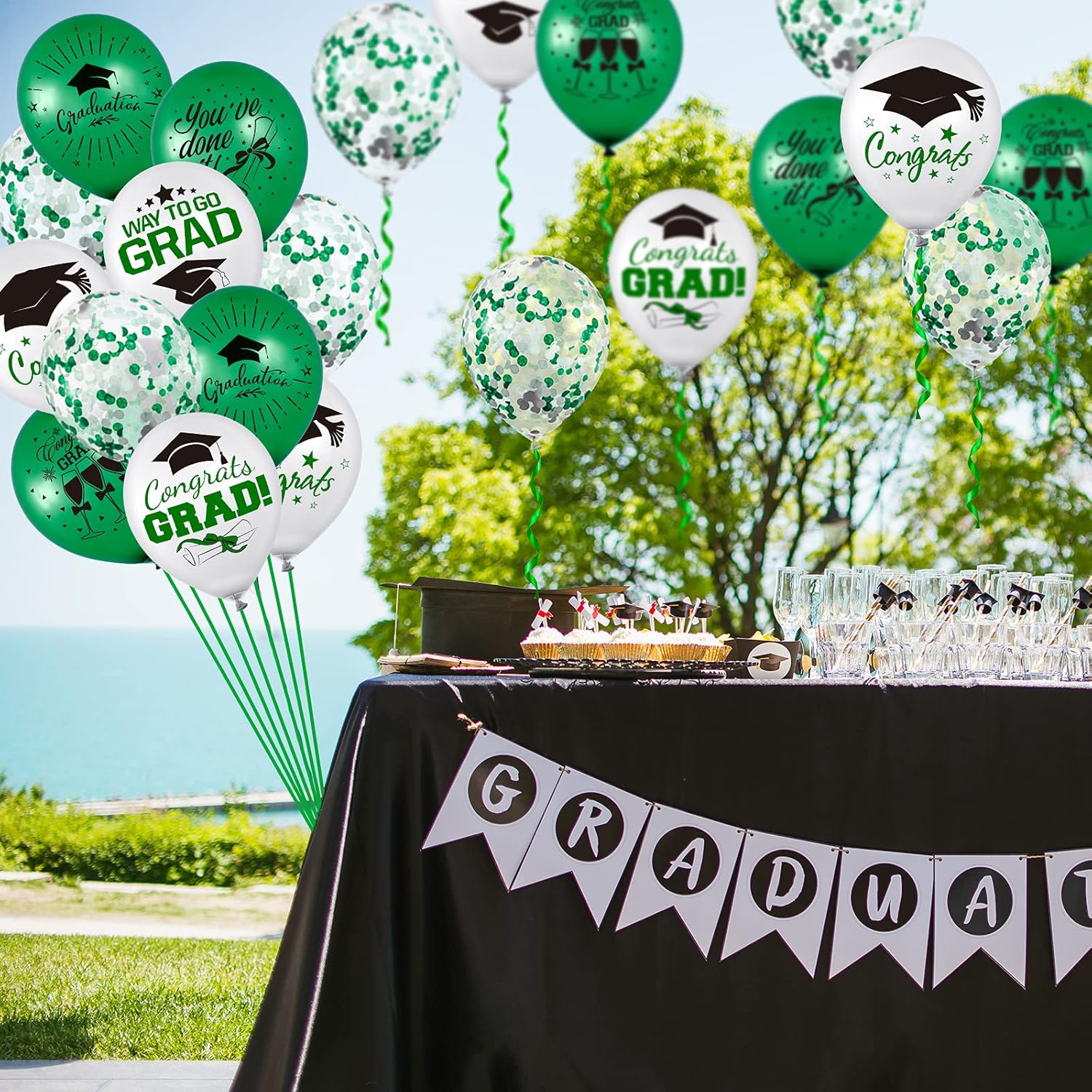 Whaline Graduation Party Balloon Set - 60 Pcs Green & White Confetti Latex Balloons | 7 Designs with Ribbon