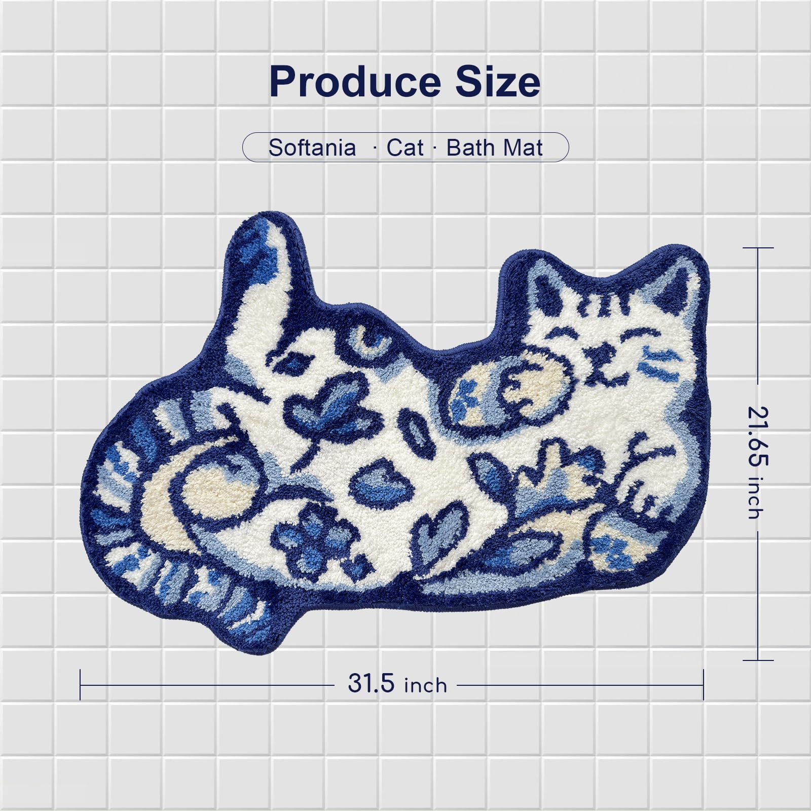 Softania Blue Delft Cat Rug - Cute Cat Bathroom Rug Super Absorbent & Non-Slip Bath Mat, Soft Fuzzy Cute Mat for Small Bathroom or Shower Floor