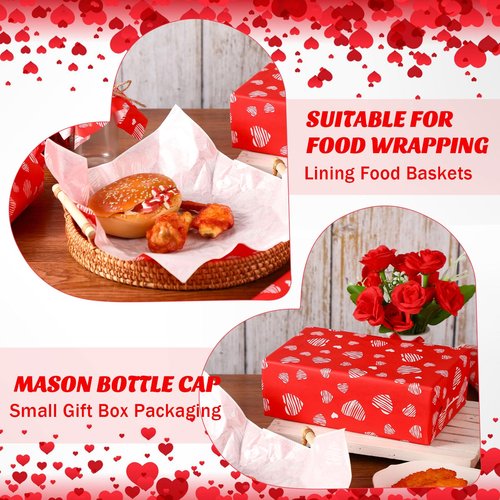 Marspark 100 Sheets Valentine's Day Heart Wax Paper for Food Wrapping 11.4 x 11 Inches Red Food Basket Wax Paper for Spring Picnic Wedding Birthday Candy Cookies Sandwich Burgers Greaseproof Wrapping