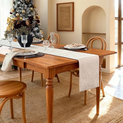 ZIWUROAD Table Runner with Jacquard Design, Waterproof Thick Table Runner for Home Decor Country Rustic Farmhouse Kitchen Dining Table Decoration (Milky White, 12x144 Inch)