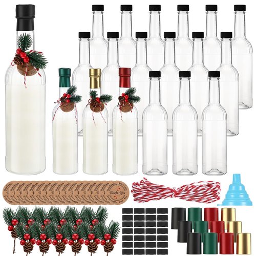 Baderke 24 Pcs 750 ml Christmas Plastic Wine Bottles with Pine Cones Branches Picks 25 oz Christmas Coquito Champagne Bottles Ideal for Homemade Brewing Wine and Storage Xmas Party Supplies