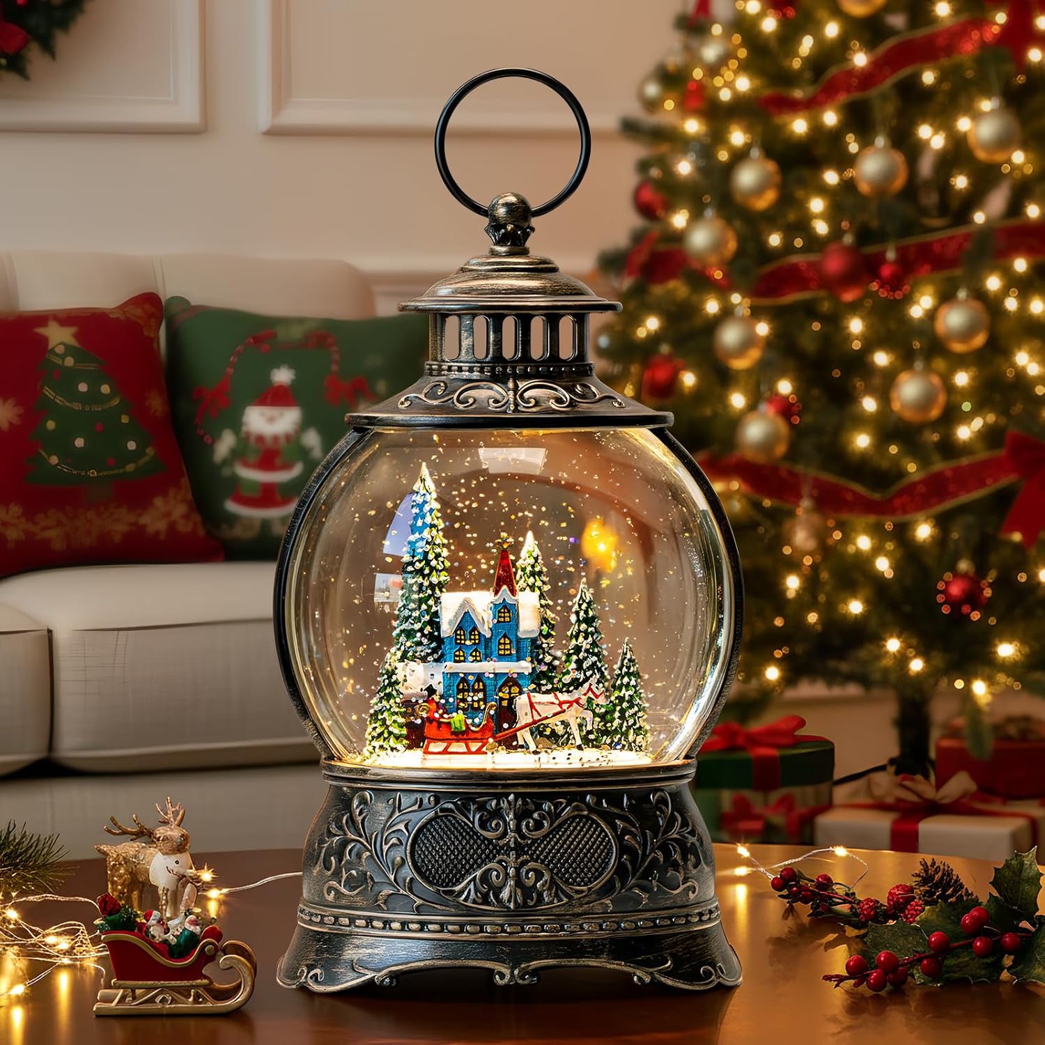 Regine Switzerland Christmas Snow Globe - Musical Water Lantern with Carriage & Blue Church | 6-Hour Timer, USB/Battery Operated