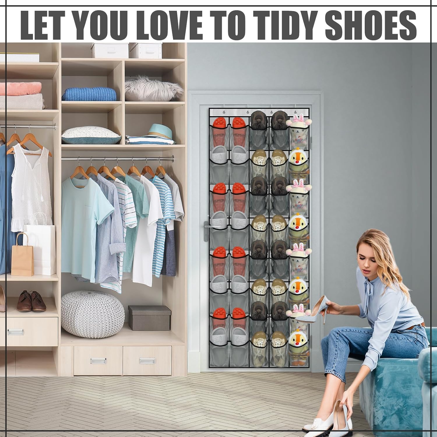 Windyun Over The Door Shoe Organizer - Large Capacity Gray Hanging Rack for Dorm, Closet & Entryway