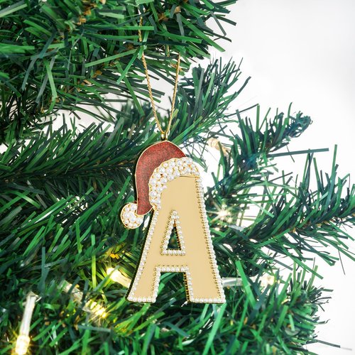 Mrchtmas Christmas Initial Ornament, Letter Ornaments for Xmas Tree,Hanging Christmas Red Hat Ornament for Mother Best Friends Sister Wife
