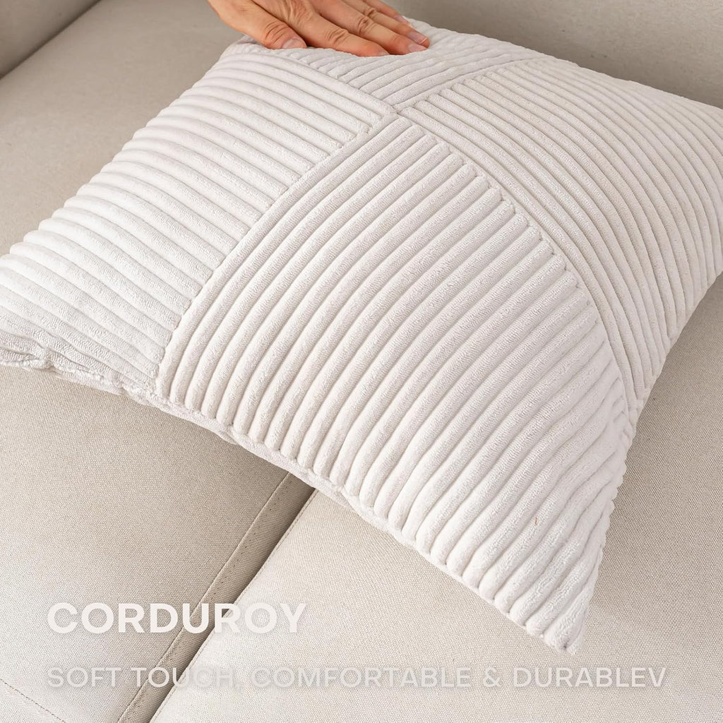 Skiennix Decorative Throw Pillow Covers - Set of 2 | 18x18 Inch Soft Corduroy Striped Cushion Cases in Cream White for Boho Farmhouse Decor