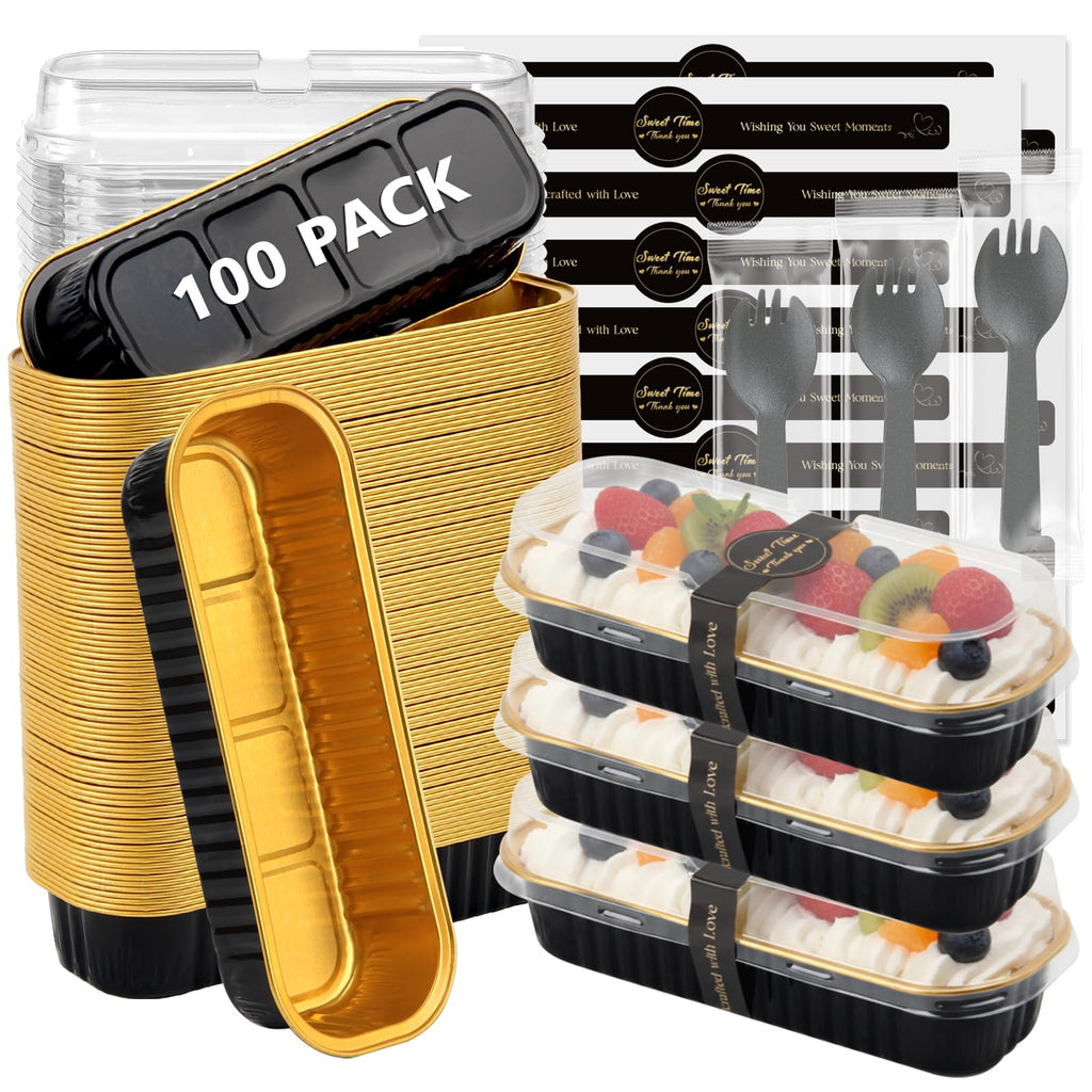 Ruckae 100 Pack Mini Loaf Pan Mini Loaf Baking Pans with Lids and Spoons,Disposable Aluminum Foil Pans, Rectangle Tin Foil Pans with Lids for Home, Pary, Picnics (Black Gold)