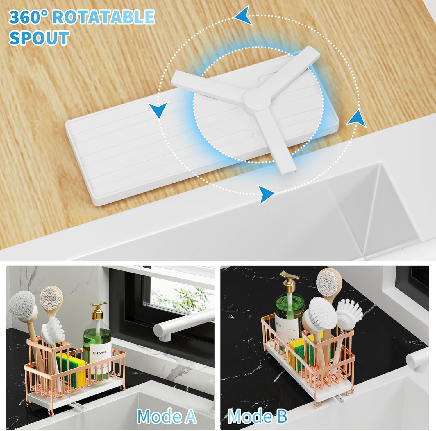 Cisily Kitchen Sink Caddy Organizer - Rustproof 304 Stainless Steel with High Brush Holder | Rose Gold, 9.25”