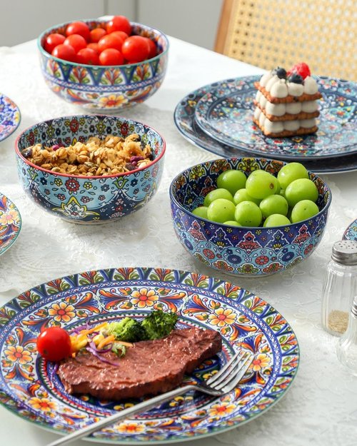 glowworm Dinner Plates, 10.5 Inch Ceramic Plates Set of 6 for Steak, Snacks, Pizza, Cake, Colorful Serving Dishes for Kitchen, Housewarming Gift, Microwave, Oven & Dishwasher Safe, Bohemian