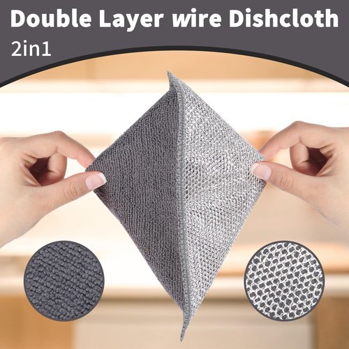 PIPUHA 5 Pack Dual-Sided Metal Wire Dishcloth, Reusable Non-Scratch Cleaning Pads with Fabric Side for Nonstick Cookware, Pots, Pans & Kitchen Cleaning