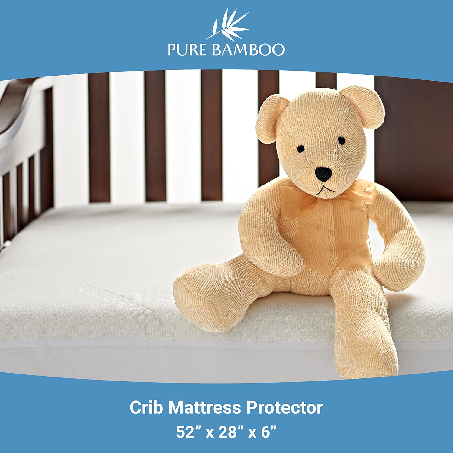 Pure Bamboo Waterproof Crib Mattress Protector - Breathable, Noiseless Cover Fits 52x28x6 Inch