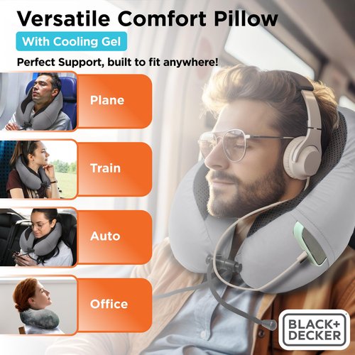 BLACK+DECKER Cooling Gel Memory Foam Neck Pillow – Travel Pillow for Plane, Car & Train – Ergonomic Neck Support, Slow Rebound Memory Foam, Washable Cover, Universal Fit, Grey