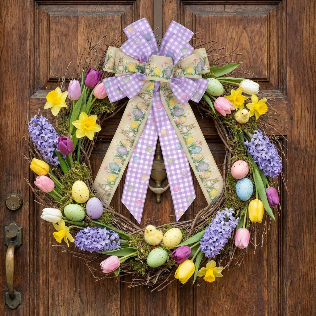 Purple Gingham Easter Bunny Wreath Bow - 21 Inch Wired Ribbon for Front Door & Spring Decor