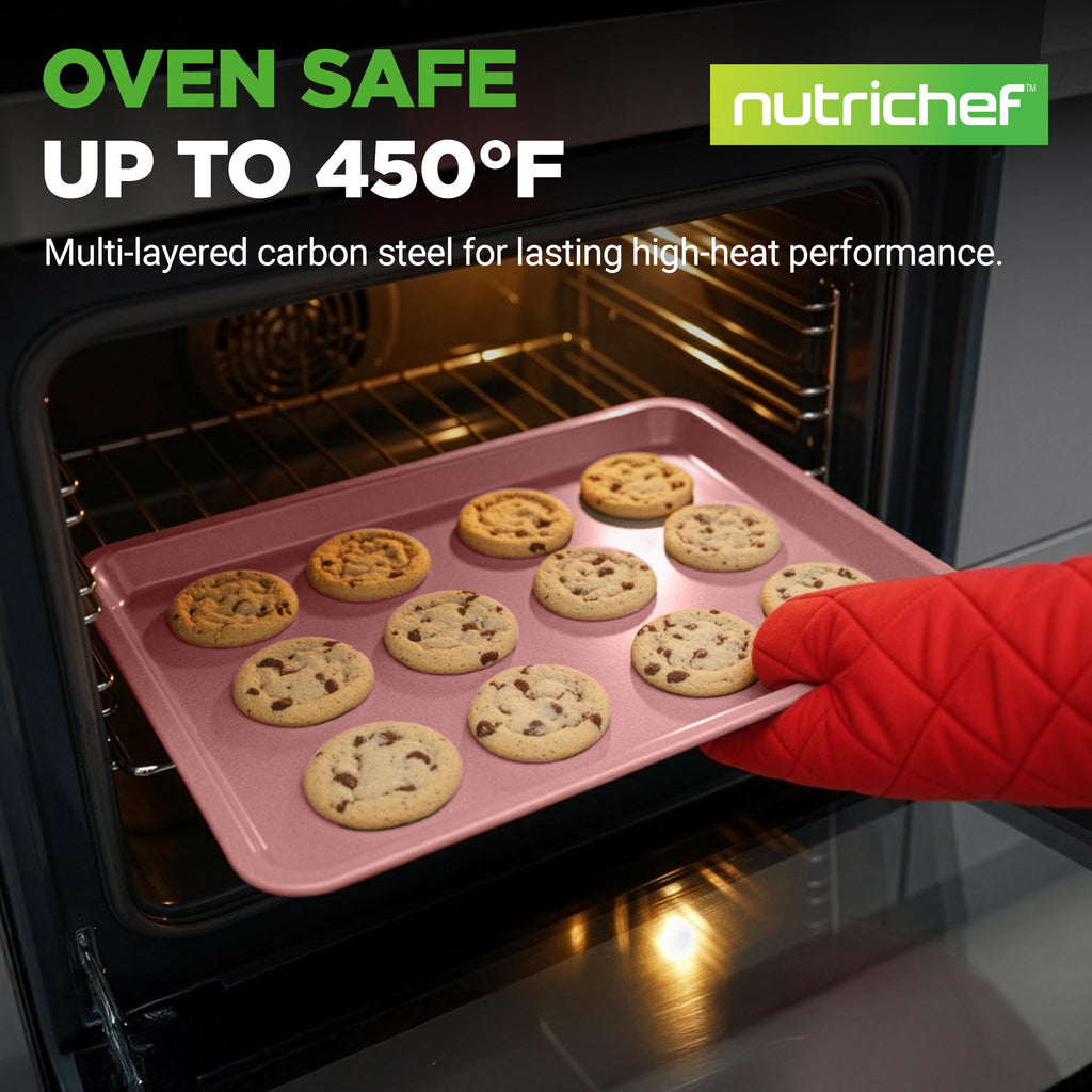 NutriChef 2-Piece Nonstick Cookie Sheets for Baking - Premium Medium & Large Size Baking Sheet Set - Thick Carbon Steel Bakeware Trays - Dishwasher Safe, Rose Gold