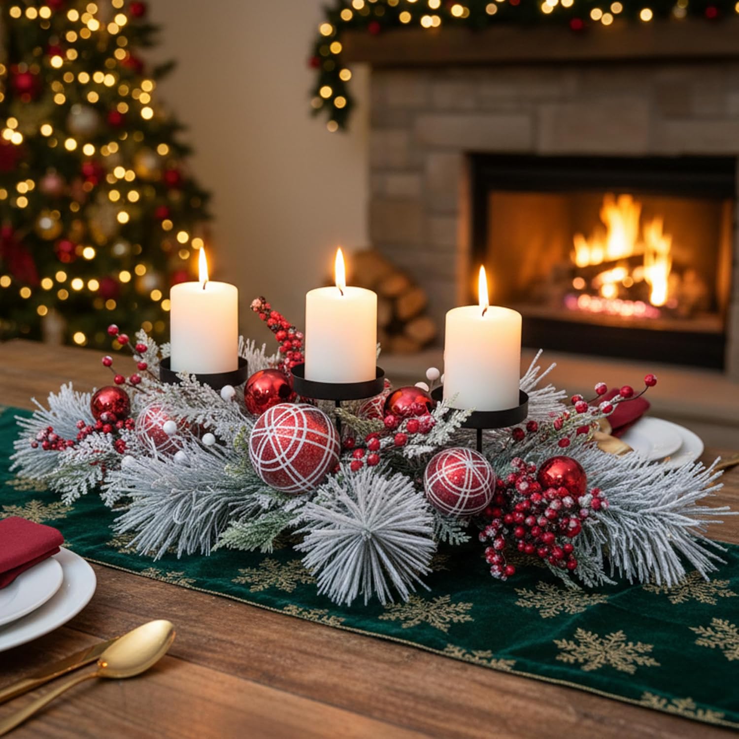 Regine Switzerland Christmas Candle Holder Centerpiece - Red Ornaments & Frosted Pine Branches | Holiday Table Decoration