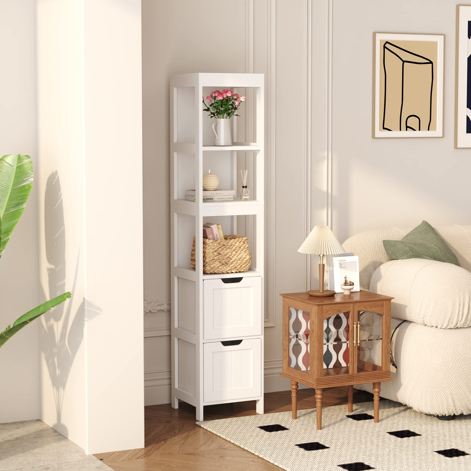 HOMEFORT Bathroom Storage Cabinet, Slim Tall Cabinet, Narrow Floor Cabinet Organizer, Wooden Linen Tower with 2 Drawers and 3 Shelves, Freestanding Cupboard White