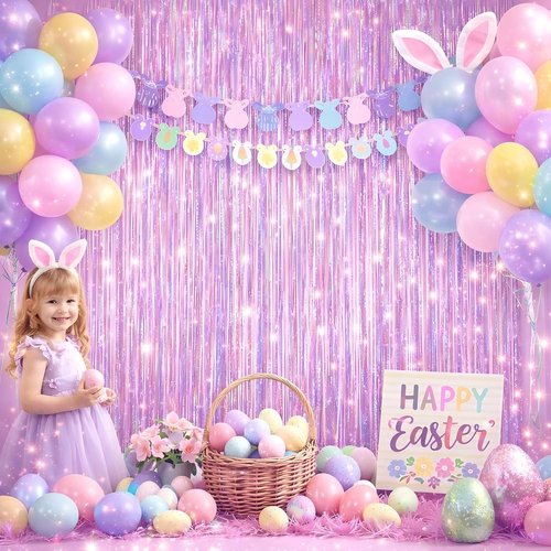 Melsan Easter Decorations - 3 Pack Pinkish Purple Tinsel Fringe Curtain Backdrop | Sparkling Metallic Party Decor for Birthdays & Weddings