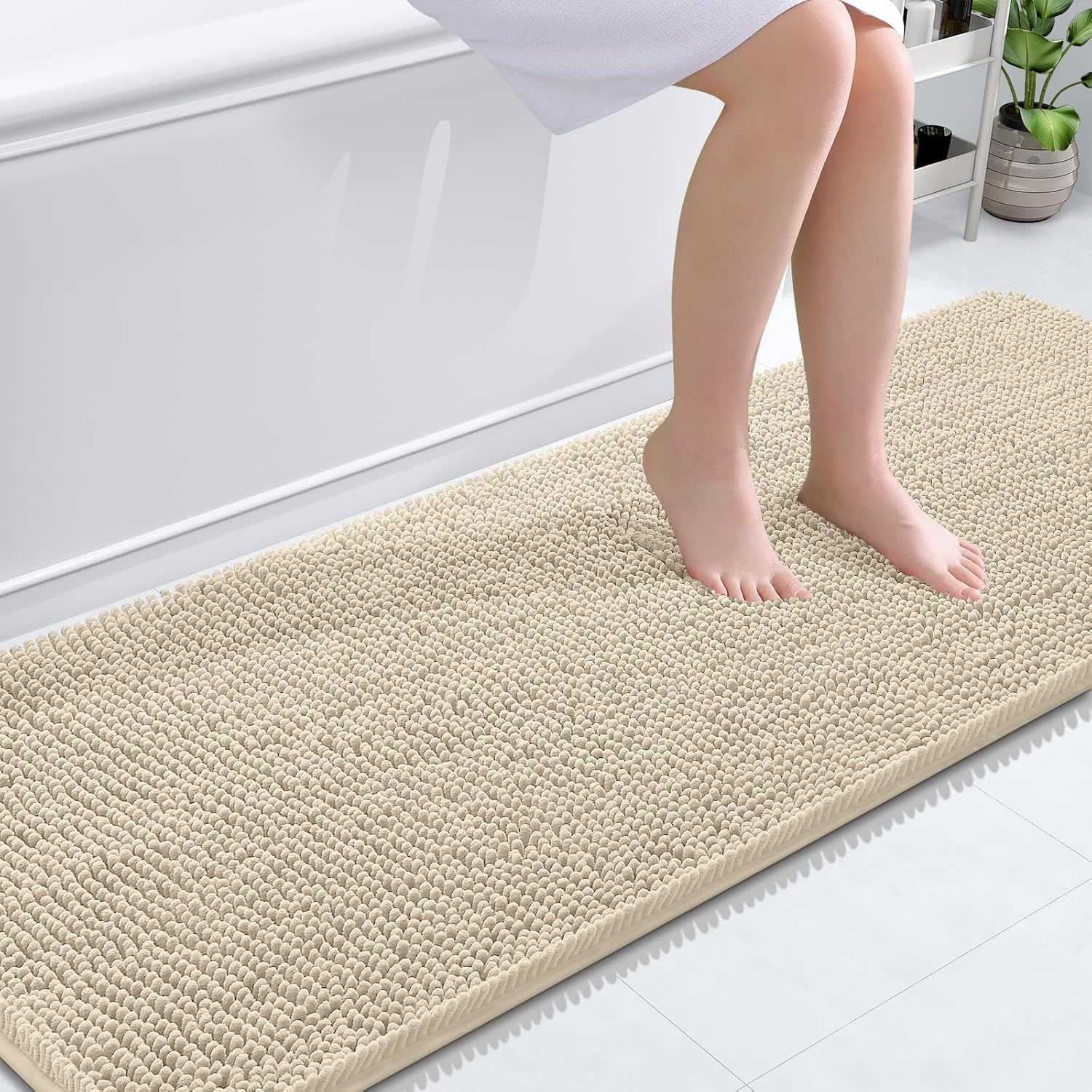 OLANLY Bathroom Runner Rugs - Extra Soft Chenille Bath Mats | Quick-Dry, Machine Washable, 70x24, Sand