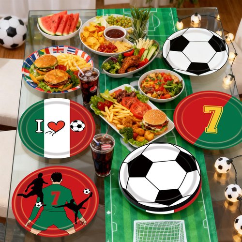 48 Pcs Soccer Paper Plates 7" Soccer Birthday Party Disposable Dessert Plates Supplies Green Red Sports Ball Plates Sport Party Dinnerware Decorations Tableware for Birthday Baby Shower Sporty Party