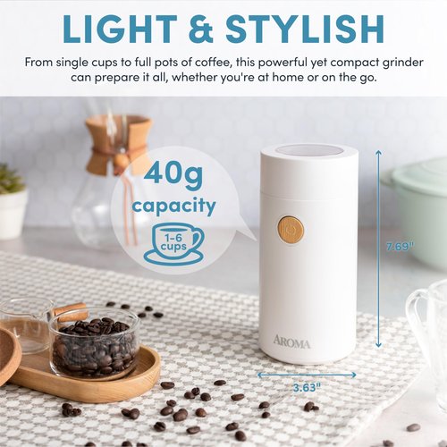 Aroma Housewares Mini Coffee Grinder and Electric Herb Grinder with 304 Stainless Steel Grinding Blades and a See-through Lid (40 g.), White, 40g
