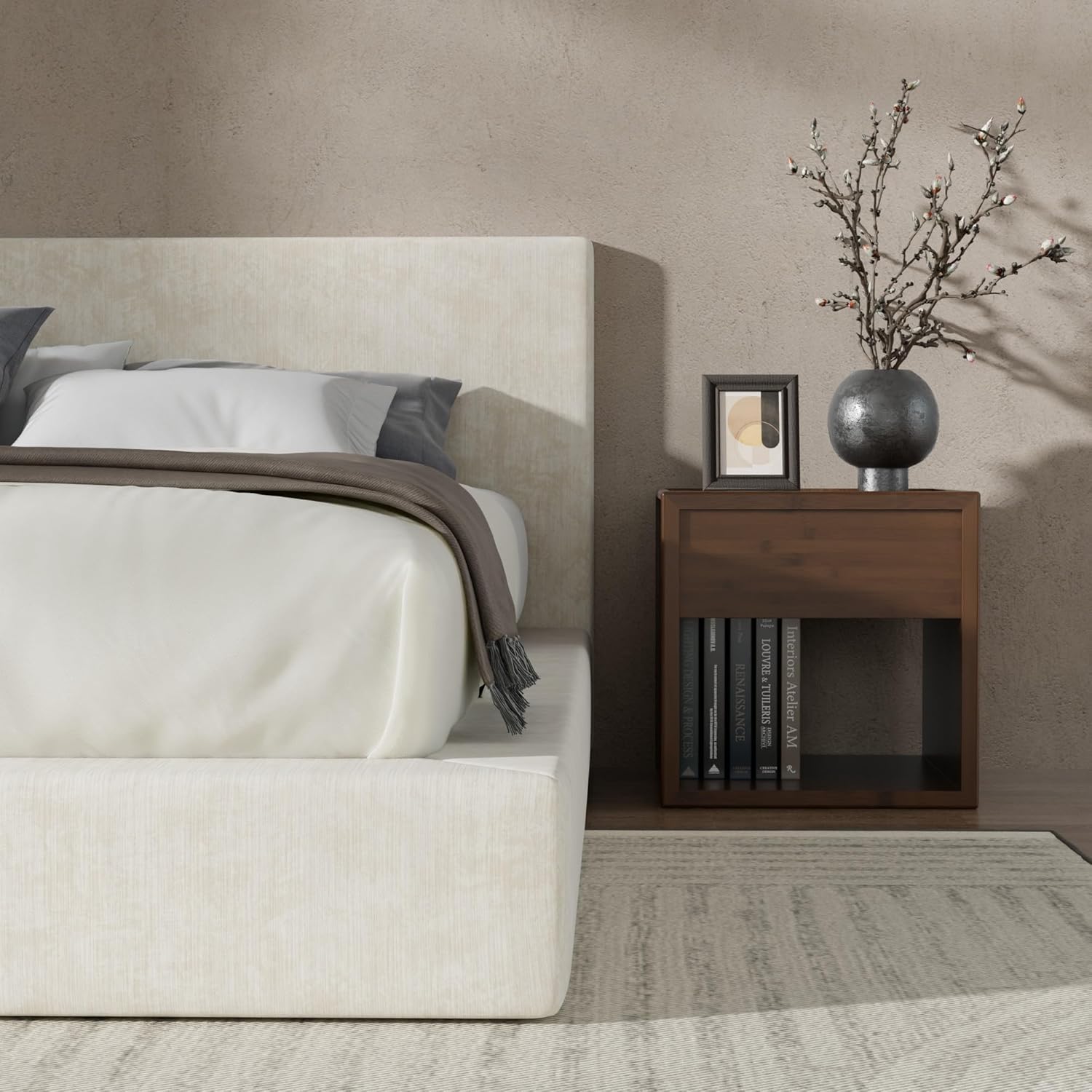 Recci AirFrame Queen Bed Frame - Cloud Upholstered Platform with Cushioned Headboard | Easy Assembly, Beige Chenille