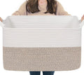 Goodpick Large Blanket Basket - Woven Cotton Rope Storage for Organizing | 22" x 17" x 12" | White & Brown