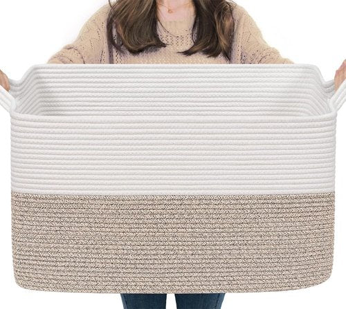 Goodpick Large Blanket Basket - Woven Cotton Rope Storage for Organizing | 22" x 17" x 12" | White & Brown