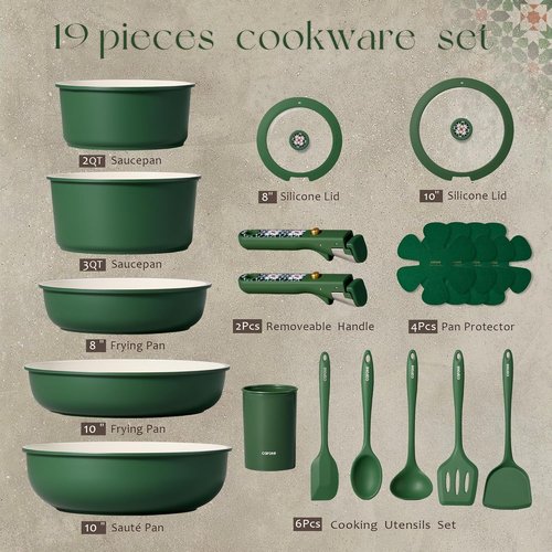 CAROTE 19-Piece Ceramic Cookware Set - Non-Stick, Non-Toxic, Detachable Handle | Induction & Dishwasher Safe, Green