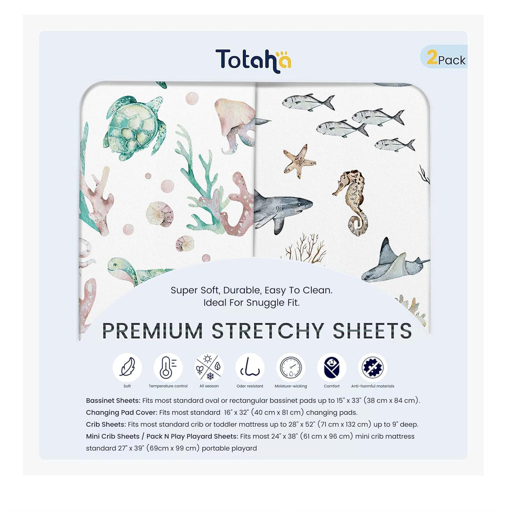 TotAha Crib Sheets - Premium Soft Jersey Knit Baby Sheets | Extra Deep Pocket 28x52x9, 2 Pack (Sea Animal)