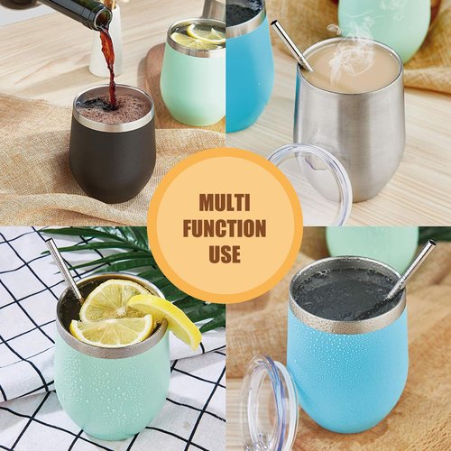 Amtidy 12 Pack Powder Coated Stainless Steel Tumbler with Lid,Equipped with straw and straw brush，12 oz Double Wall Vacuum Insulated Travel Tumbler Cup for Coffee, Wine, Cocktails