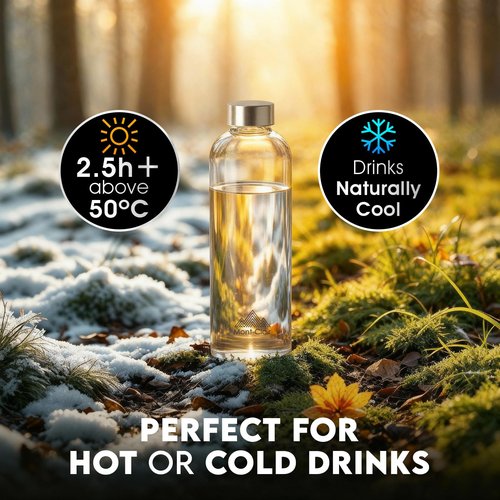 Mont-Clair Kristal Borosilicate Glass Water Bottle 18 oz with Neoprene Sleeve - Leak Proof + BPA Free - Hot & Cold Drinks - Ideal for Adult, Kids, Travel, Sports, Gym, Running - Black